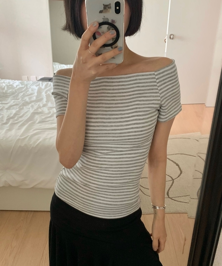 ストライプオフショルダー半袖トップス GREY