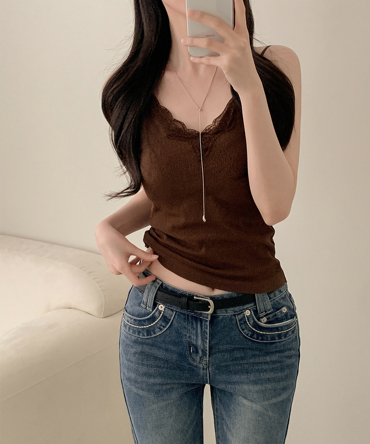【カップ付き】レースストラップリブキャミソール(5color) BROWN
