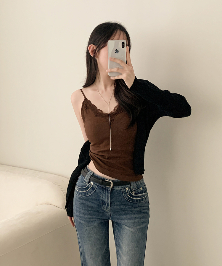 【カップ付き】レースストラップリブキャミソール(5color) BROWN