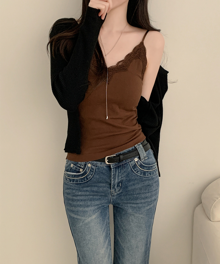 【カップ付き】レースストラップリブキャミソール(5color) BROWN