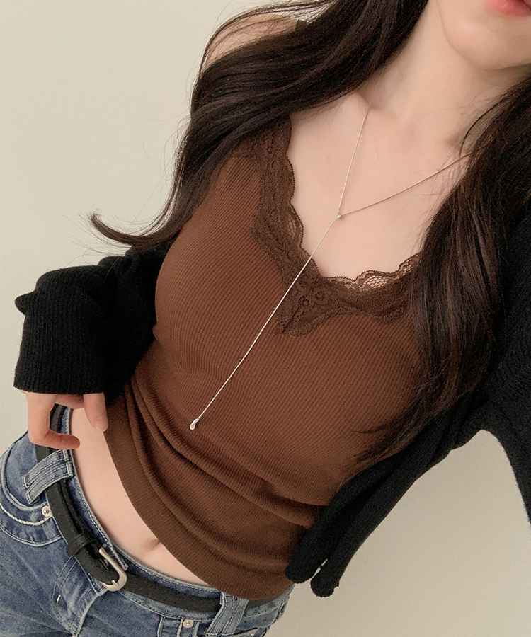 【カップ付き】レースストラップリブキャミソール(5color) BROWN