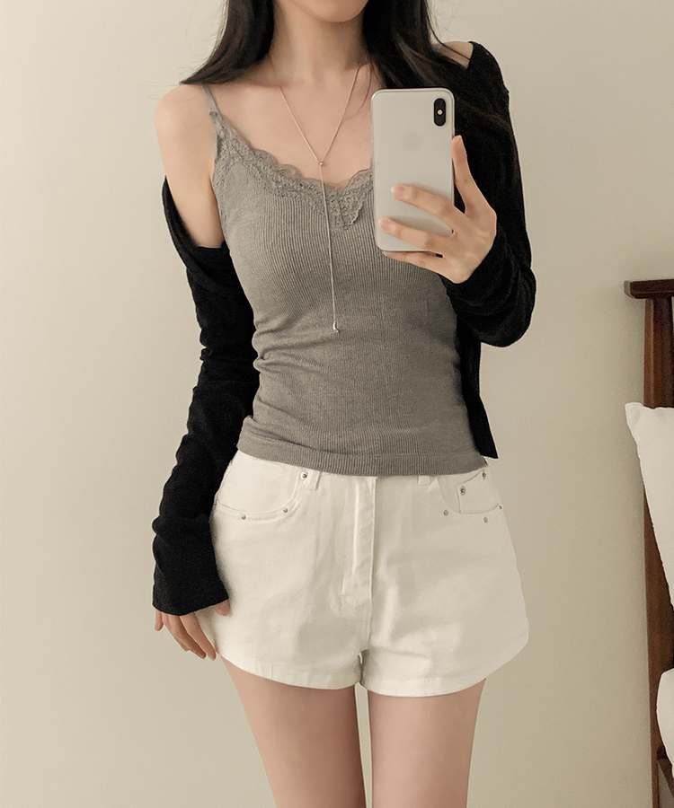 【カップ付き】レースストラップリブキャミソール(5color) GREY