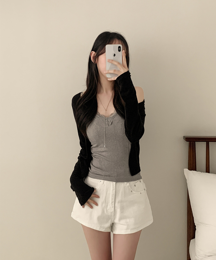 【カップ付き】レースストラップリブキャミソール(5color) GREY