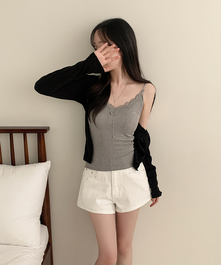 【カップ付き】レースストラップリブキャミソール(5color) GREY