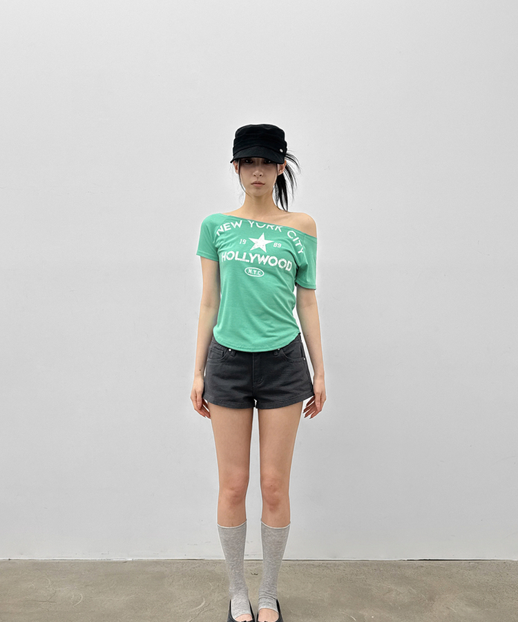 スリムレタリングオフショルダー半袖Tシャツ MINT