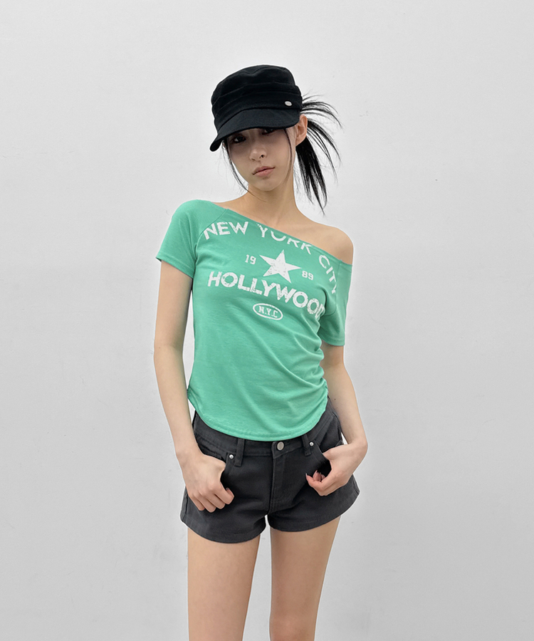 スリムレタリングオフショルダー半袖Tシャツ MINT