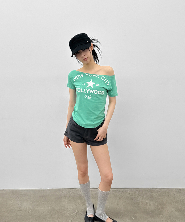 スリムレタリングオフショルダー半袖Tシャツ MINT