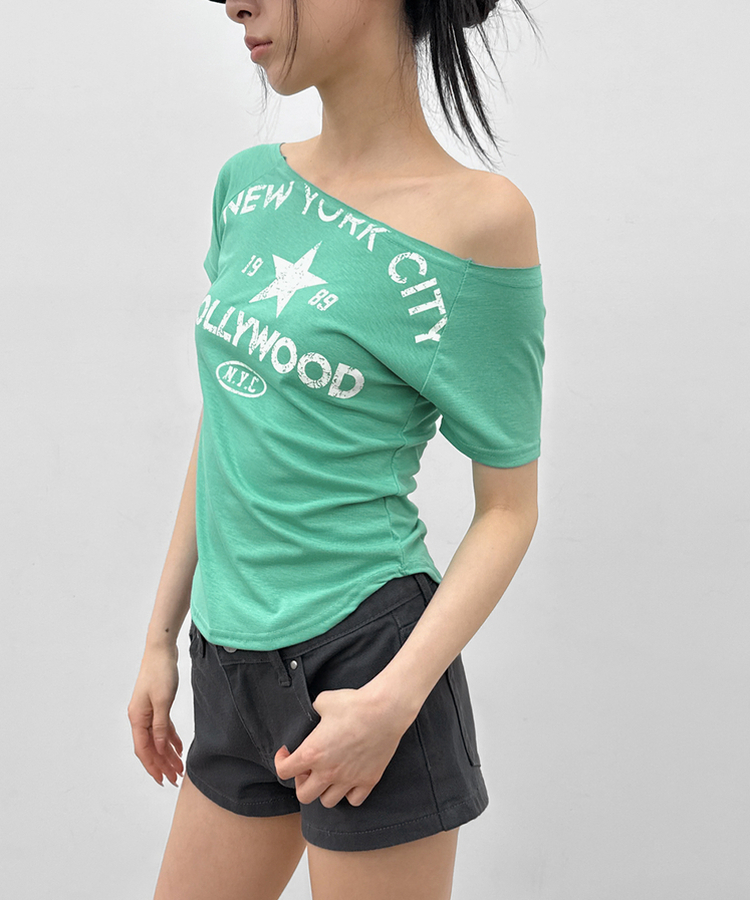 スリムレタリングオフショルダー半袖Tシャツ MINT