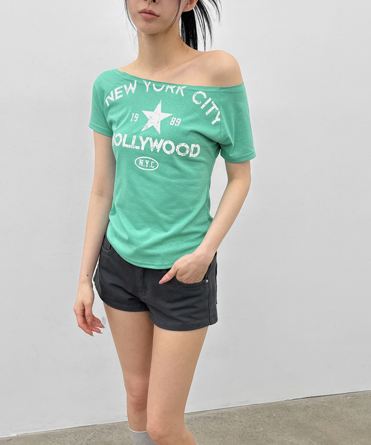 スリムレタリングオフショルダー半袖Tシャツ MINT