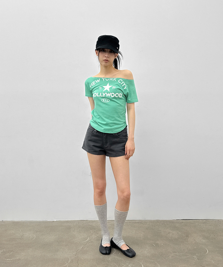 スリムレタリングオフショルダー半袖Tシャツ MINT