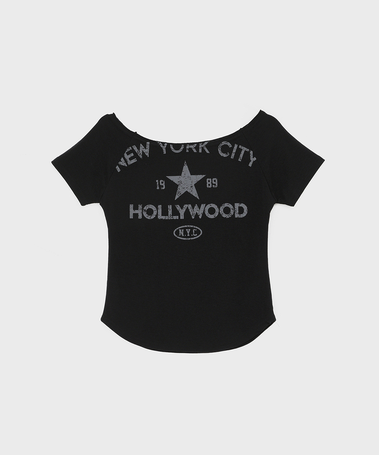 スリムレタリングオフショルダー半袖Tシャツ