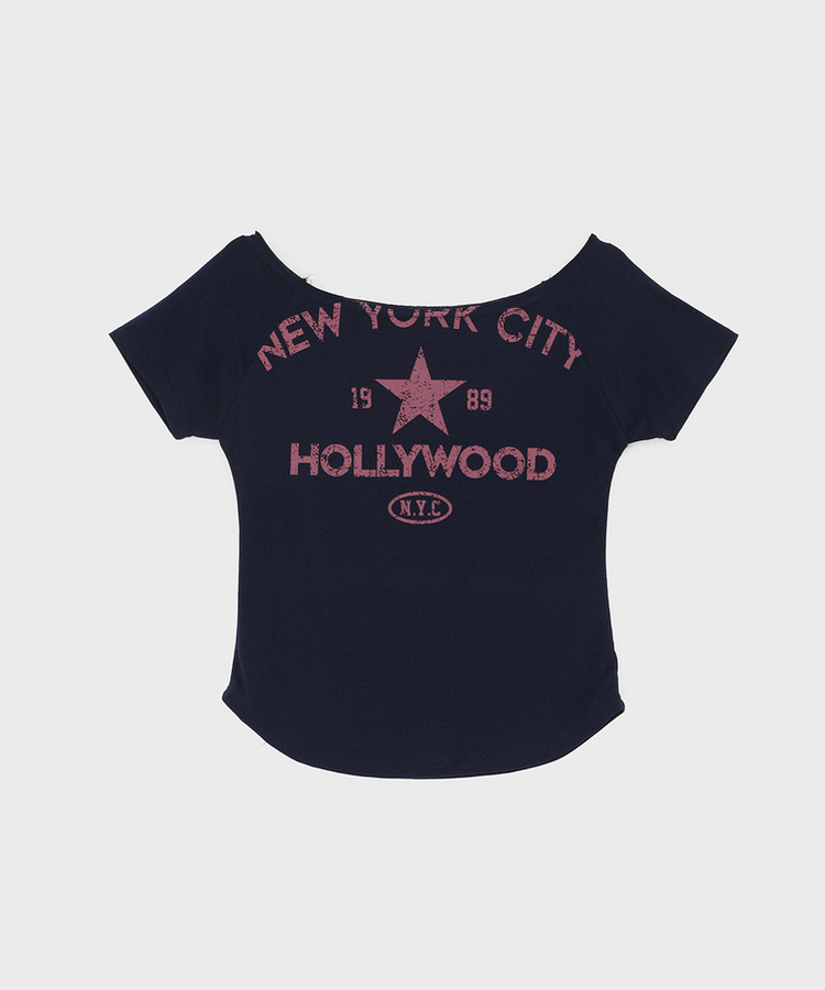 スリムレタリングオフショルダー半袖Tシャツ