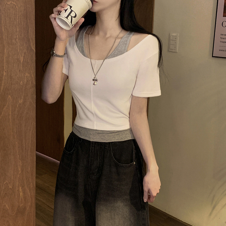 レイヤードクロップ半袖Tシャツ(5color) IVORY