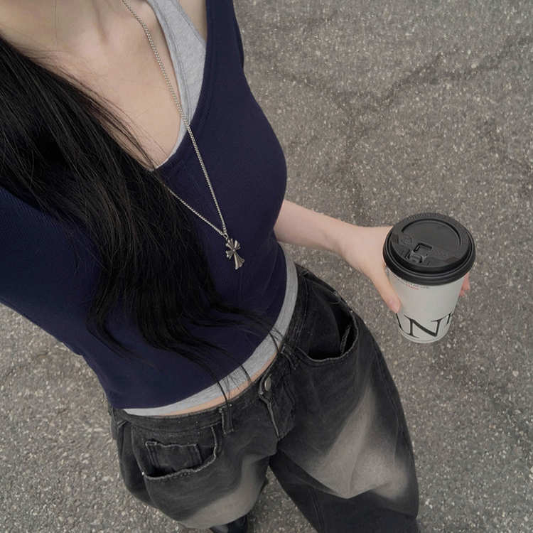 レイヤードクロップ半袖Tシャツ(5color) NAVY