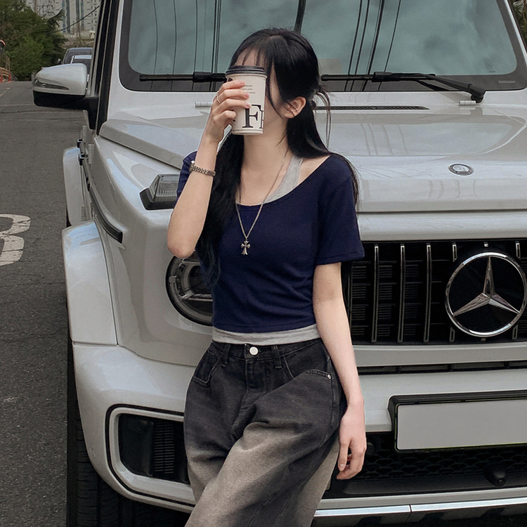 レイヤードクロップ半袖Tシャツ(5color) NAVY