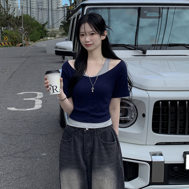 レイヤードクロップ半袖Tシャツ(5color) NAVY