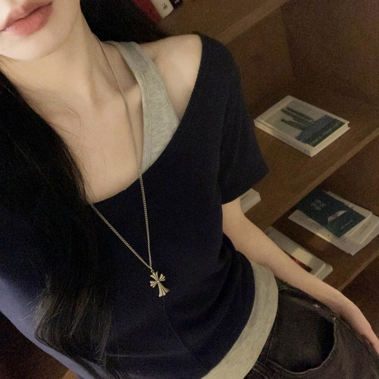 レイヤードクロップ半袖Tシャツ(5color) NAVY