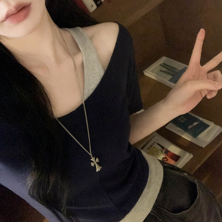 レイヤードクロップ半袖Tシャツ(5color) NAVY