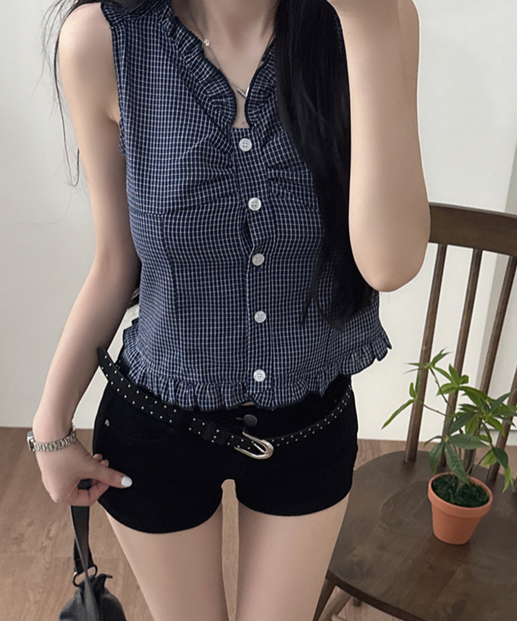 チェックフリルボタンブラウス NAVY