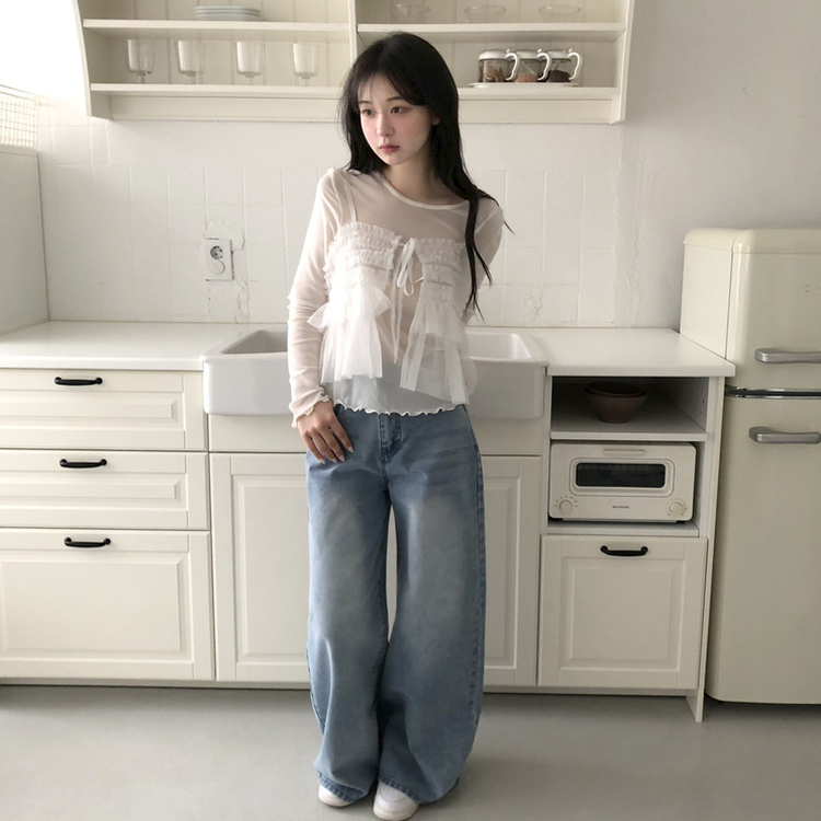 フリルシースルーレイヤード長袖Tシャツ IVORY