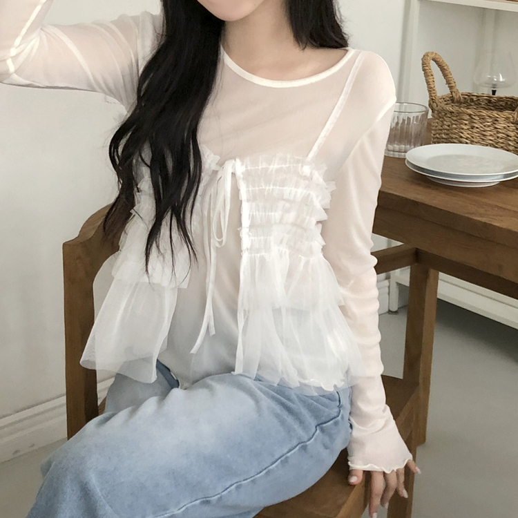 フリルシースルーレイヤード長袖Tシャツ IVORY