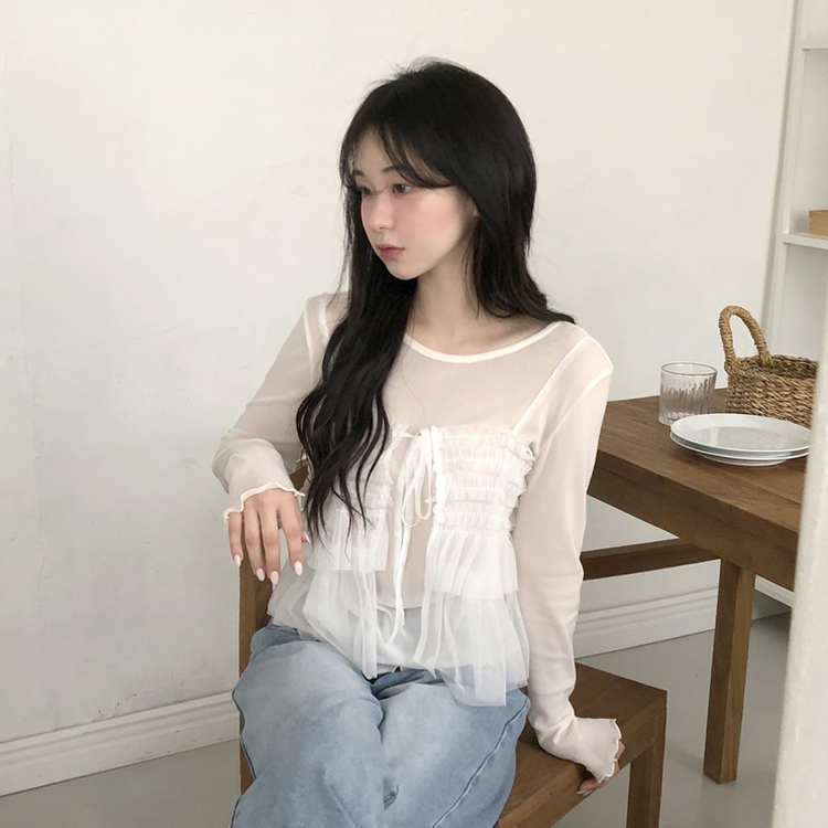 フリルシースルーレイヤード長袖Tシャツ IVORY