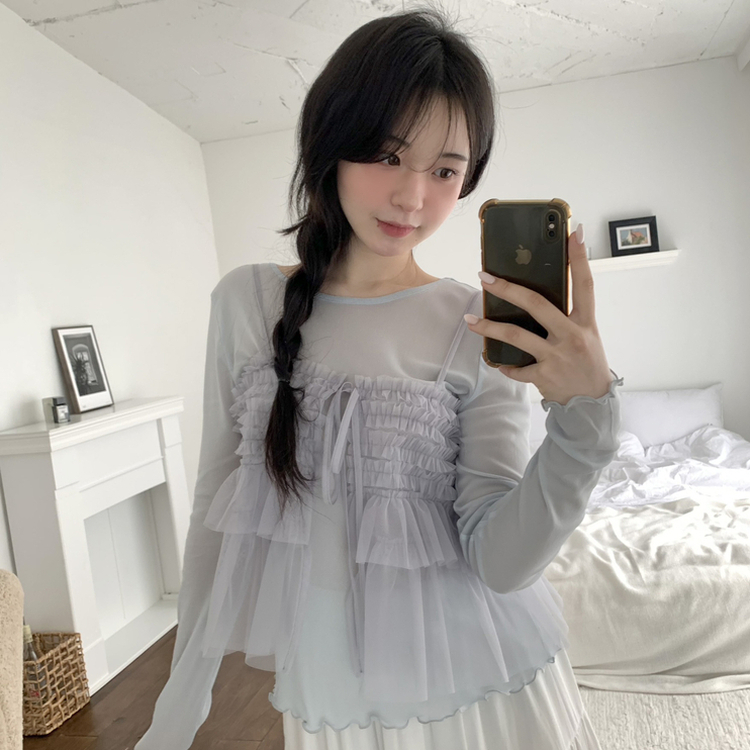 フリルシースルーレイヤード長袖Tシャツ SKY BLUE