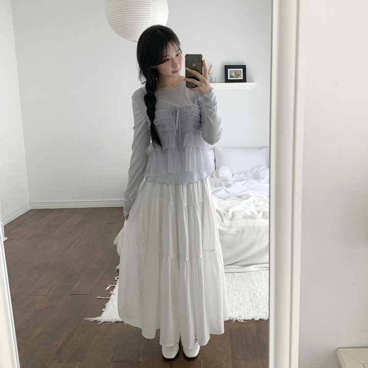 フリルシースルーレイヤード長袖Tシャツ SKY BLUE