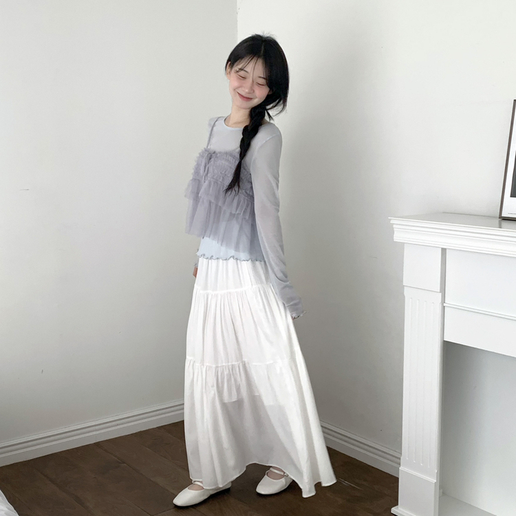 フリルシースルーレイヤード長袖Tシャツ SKY BLUE