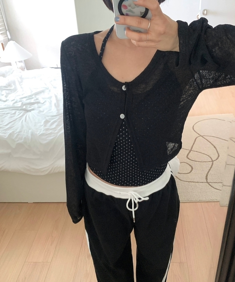 ボタンシースルークロップカーディガン BLACK