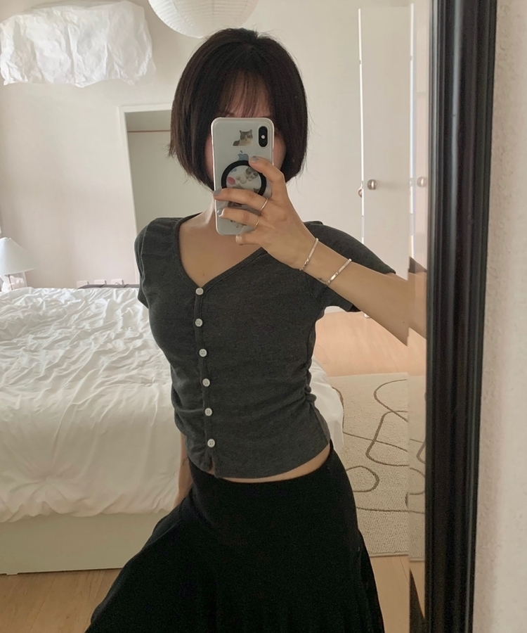 スリムフィット無地半袖トップス CHARCOAL