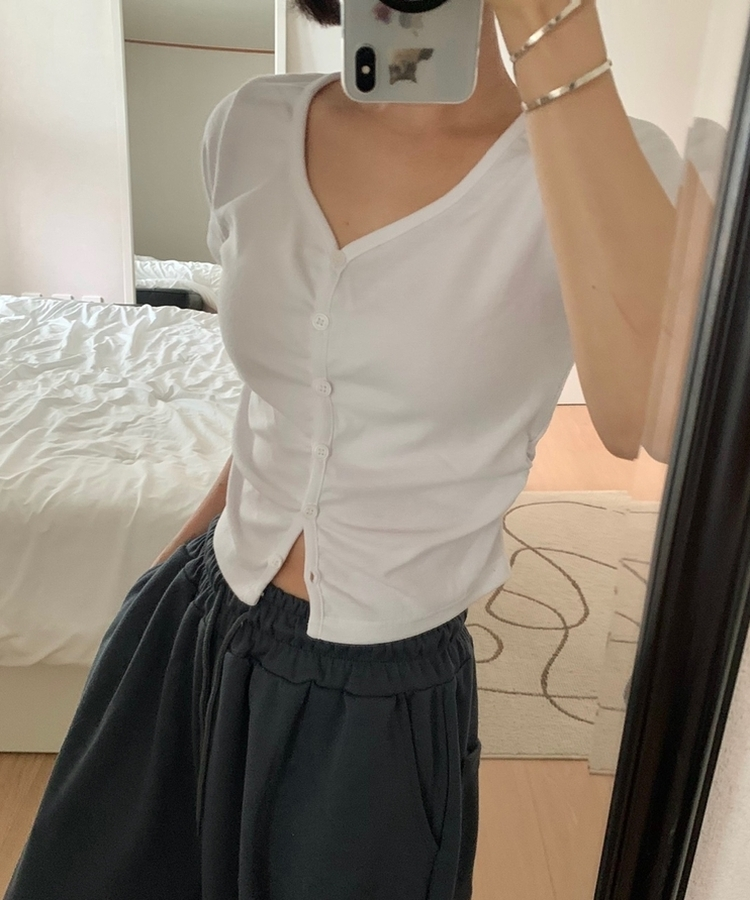 スリムフィット無地半袖トップス IVORY