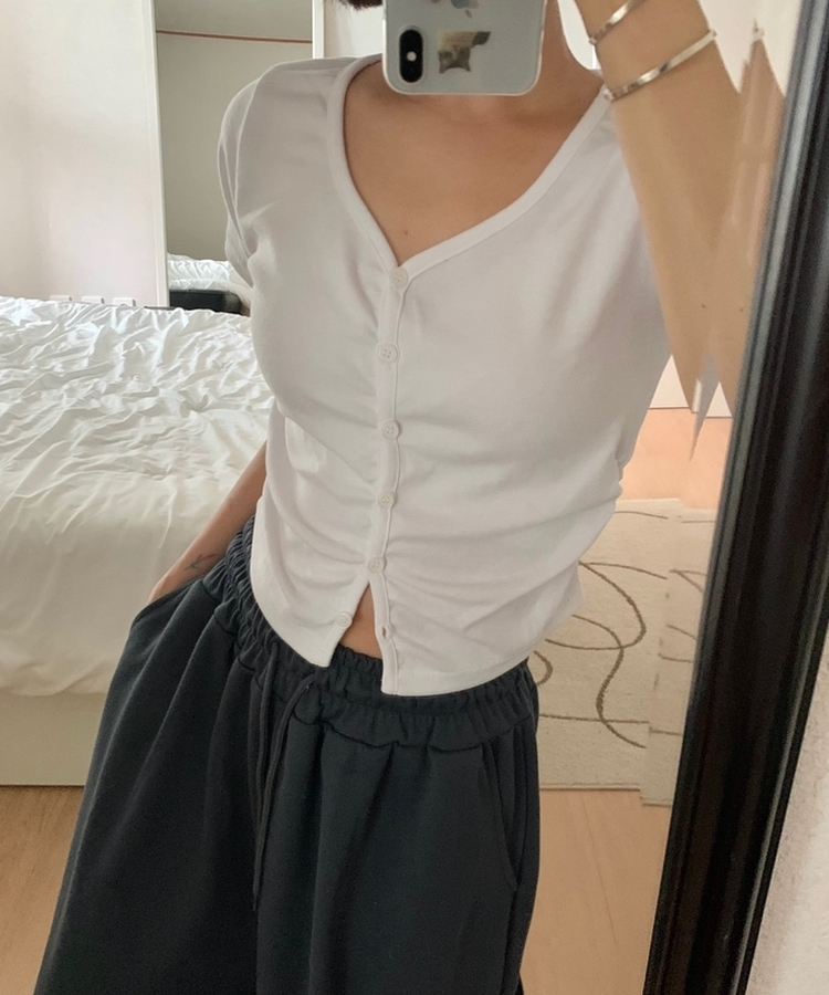 スリムフィット無地半袖トップス IVORY