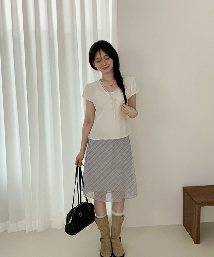 チェックシフォンフレアミディスカート SKY BLUE
