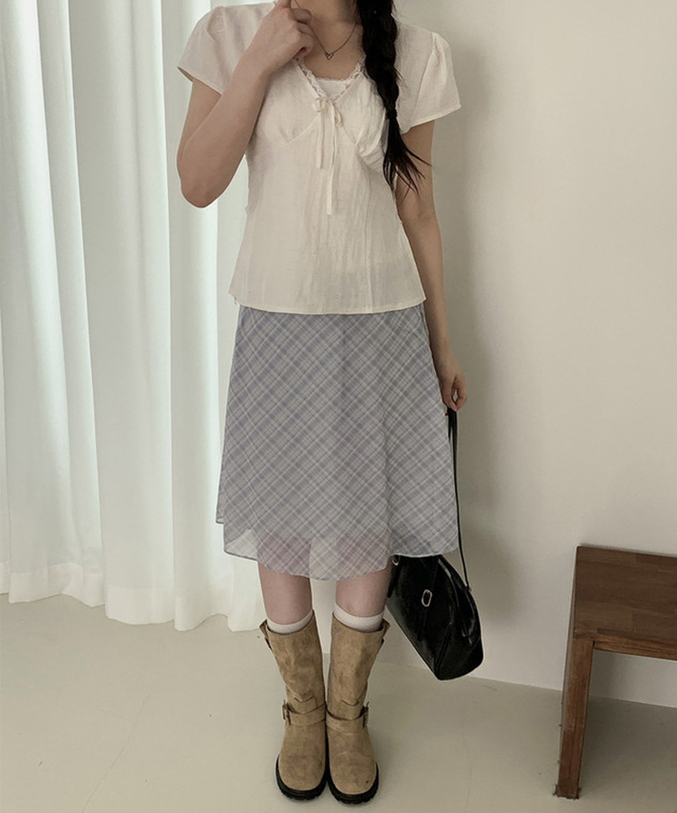 チェックシフォンフレアミディスカート SKY BLUE