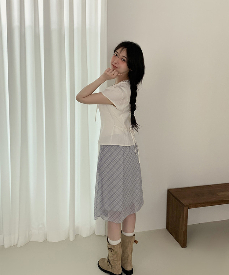 チェックシフォンフレアミディスカート SKY BLUE