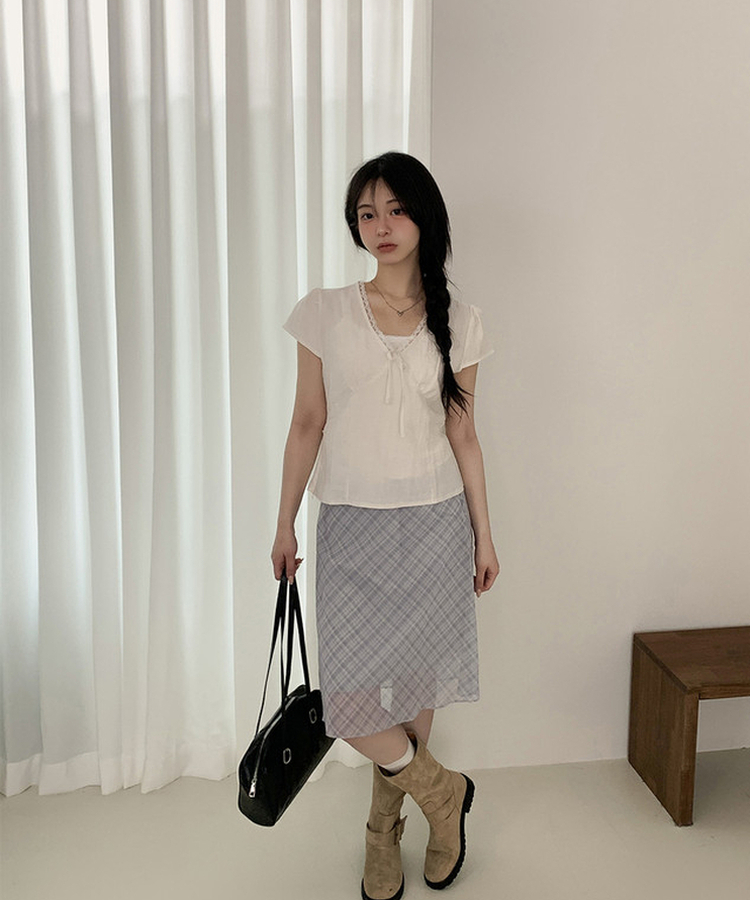 チェックシフォンフレアミディスカート SKY BLUE