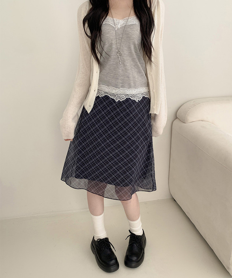 チェックシフォンフレアミディスカート BLACK