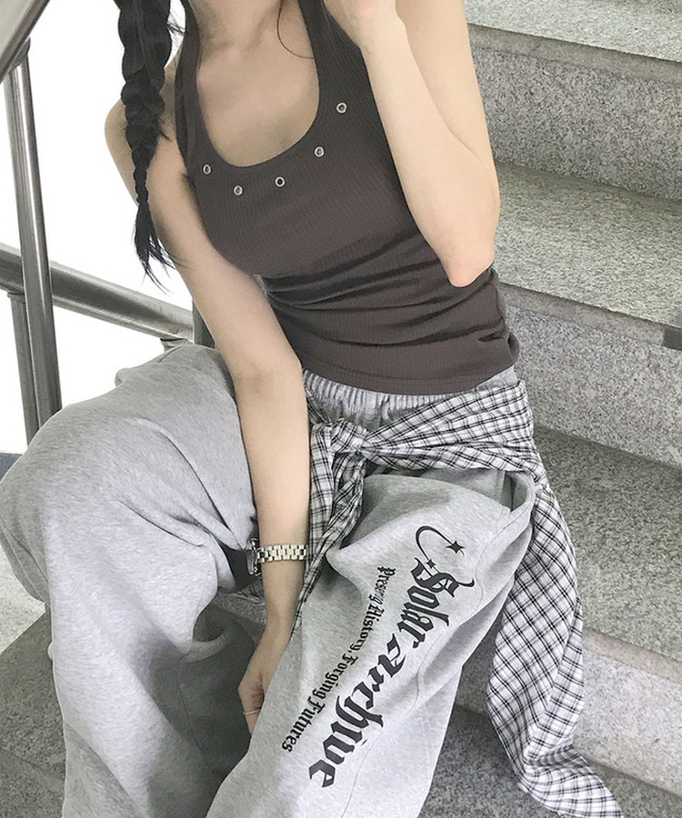 페즈 홀터넷 스터드 아일렛 골지 나시 차콜