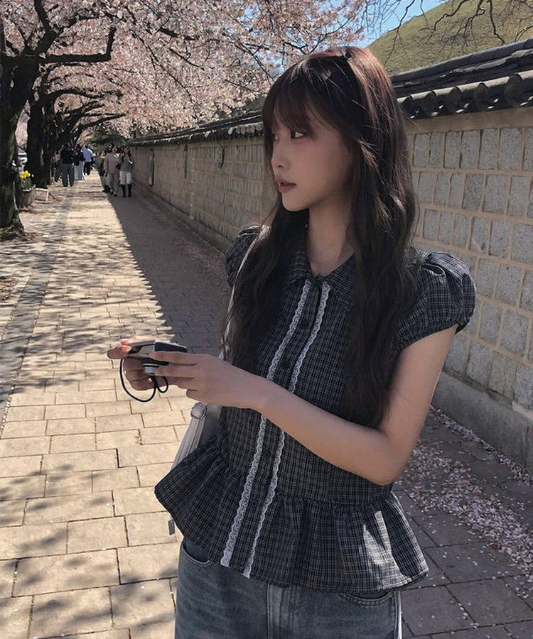 チェックレースフリル半袖シャツ BLACK