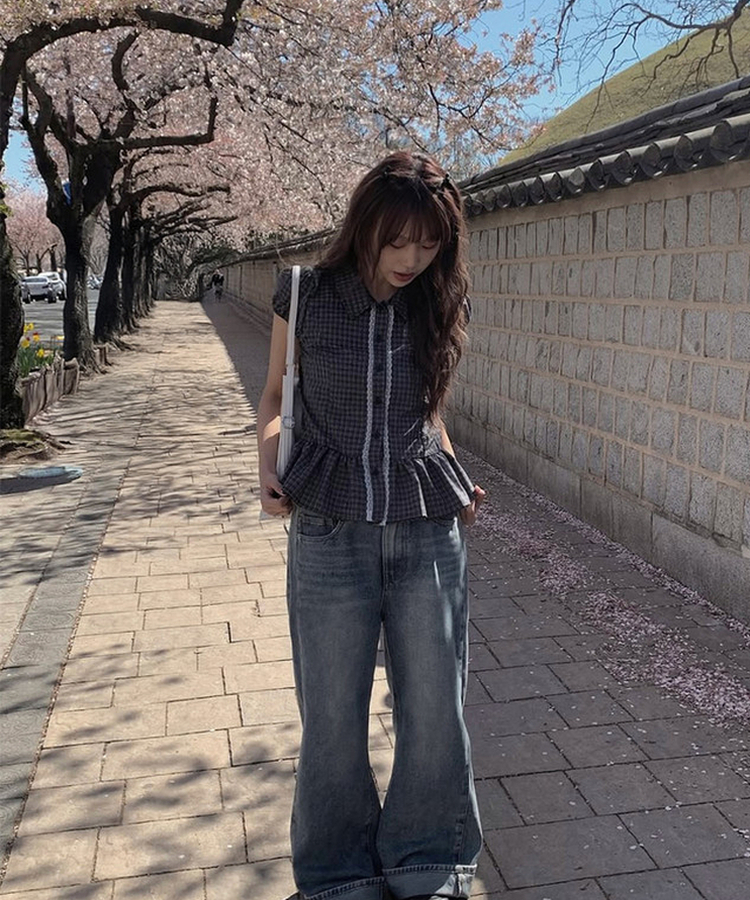 チェックレースフリル半袖シャツ BLACK