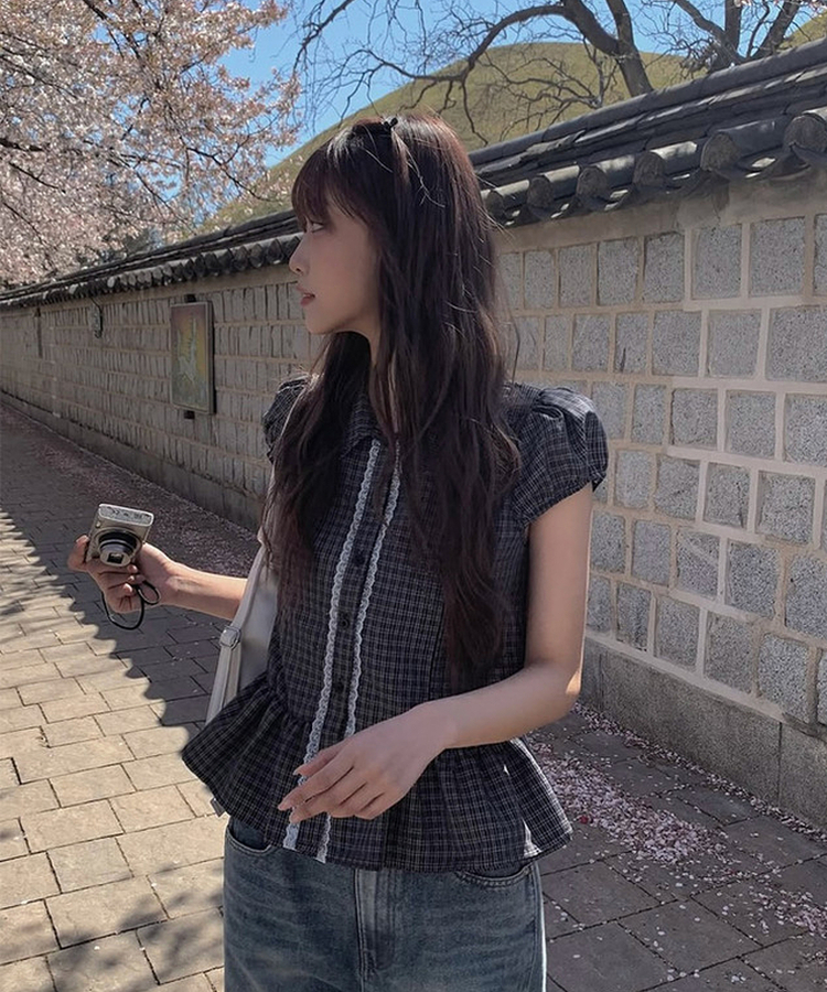 チェックレースフリル半袖シャツ BLACK