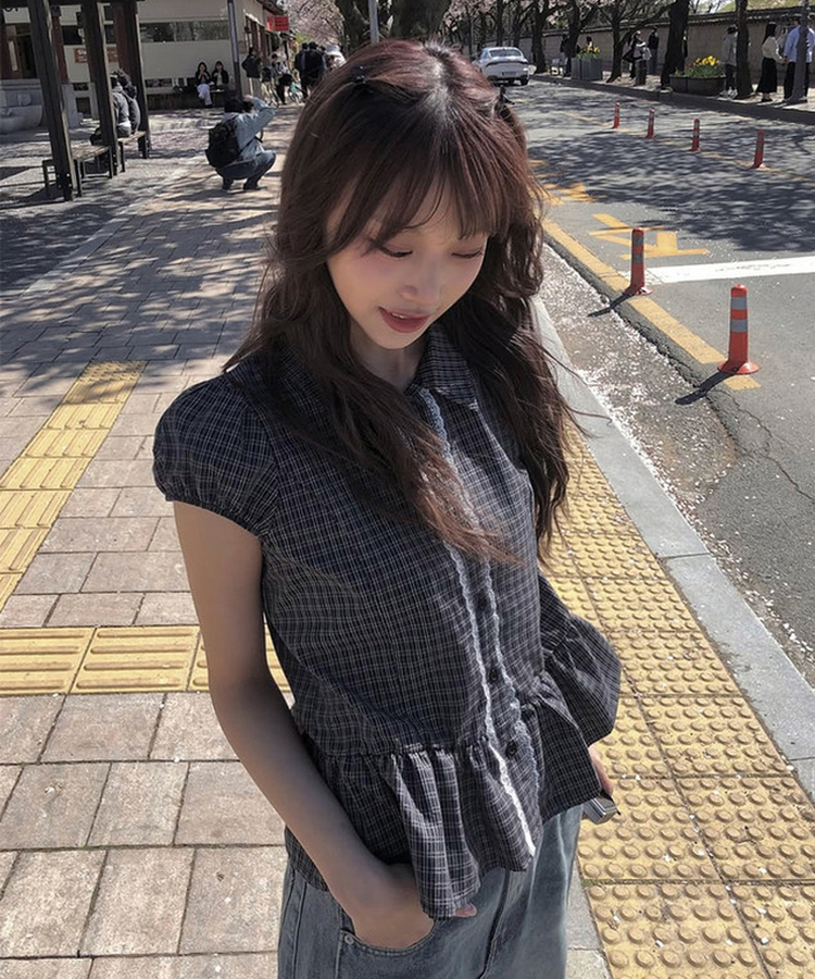 チェックレースフリル半袖シャツ BLACK