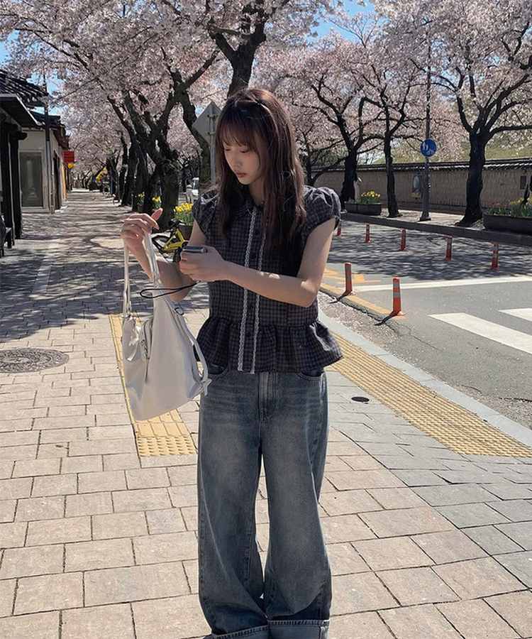 チェックレースフリル半袖シャツ BLACK