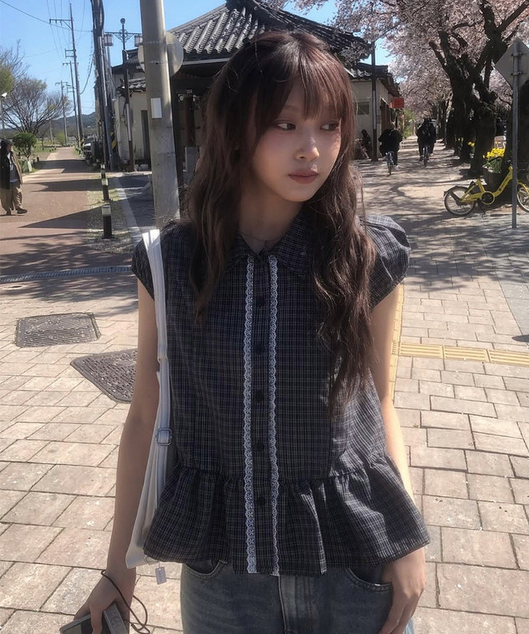チェックレースフリル半袖シャツ BLACK