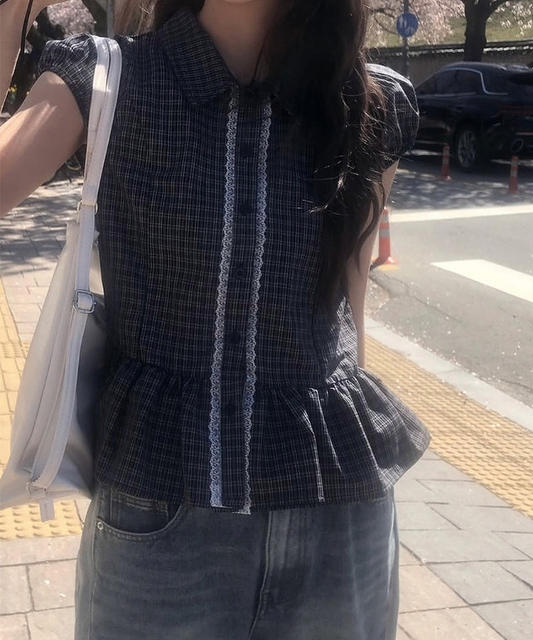チェックレースフリル半袖シャツ BLACK