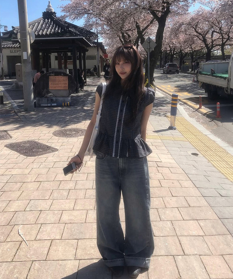 チェックレースフリル半袖シャツ BLACK