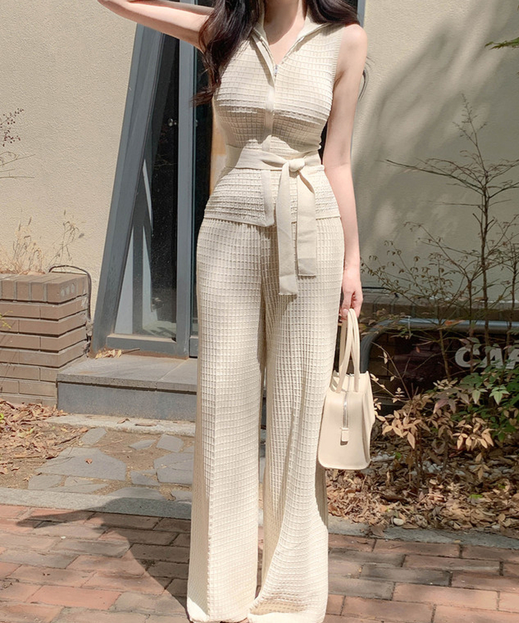 【SET】ワッフルセーラーニット+ワイドロングパンツ BEIGE