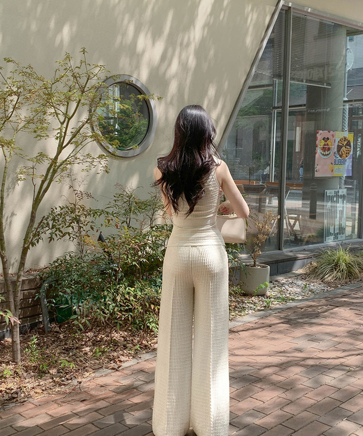 【SET】ワッフルセーラーニット+ワイドロングパンツ BEIGE