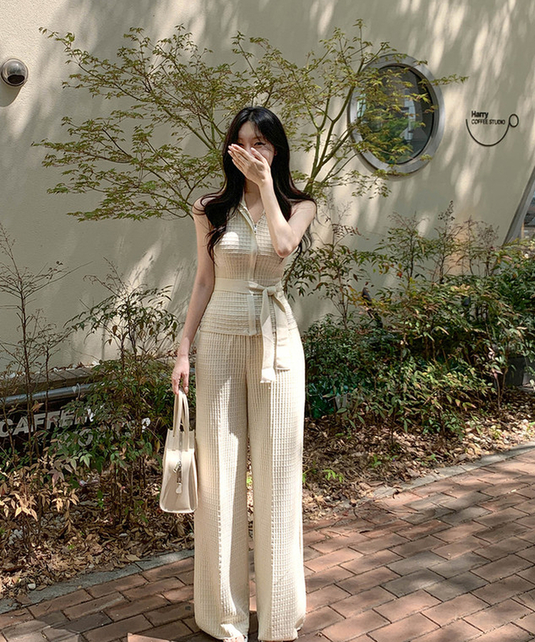 【SET】ワッフルセーラーニット+ワイドロングパンツ BEIGE